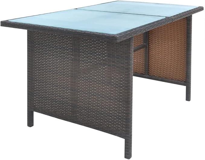 6-Piece Outdoor Dining Set, 7-Person PE Rattan Patio Furniture Set with Rectangular Frosted Glass Table and Cushions, Brown Wicker Sectional for Garden and Terrace