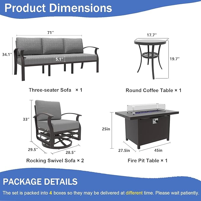 Kullavik Aluminum Patio Furniture Set with Propane Gas Fire Pit,5-seat Metal Outdoor Furniture w/Swivel Chairs,Patio Sectional Sofas w/5.1" Cushions for Patio,Backyard,Poolside-Grey