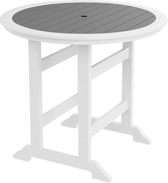 JUSTONE 47 Inch Round Outdoor Bar Table, Water-Resistant HDPE Pub Height Table for Patio, Garden, Poolside, Backyard, Balcony, Fire Pit and Lawn，Grey and White