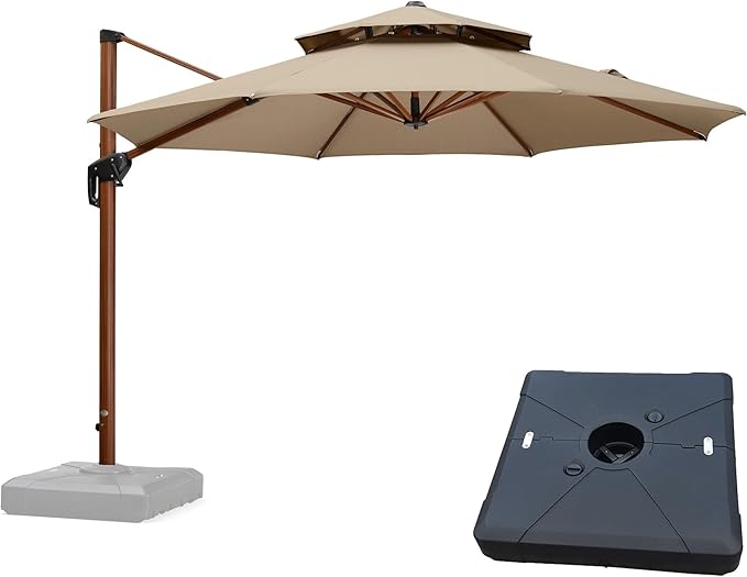 PURPLE LEAF 11 Feet Wood Pattern Round Patio Umbrella With Base Double Top Deluxe Umbrellas Cantilever Outdoor Umbrella Garden Umbrellas Deck Pool Umbrella, Heather Beige