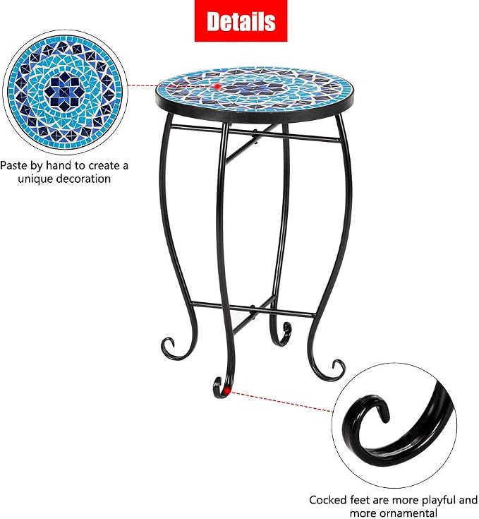 Mosaic Patio Table,Outdoor Side Table,14inch Accent Table Plant Stand Decor, Small Vintage Outdoor End Table with Stained Glass Mosaic & Iron Frame for Patio Garden Balcony Poolside (Blue)