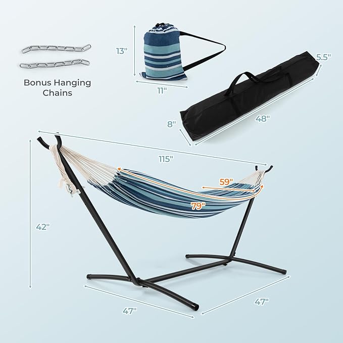 Giantex Hammock with Stand for Outside, 2-Person Double Hammock with Space Saving Metal Stand, Carrying Cases, Brazilian-Style Portable Hammock for Patio Garden Camping Lounging Outdoor & Indoor, Blue