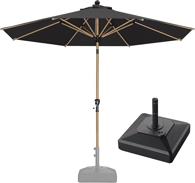PURPLE LEAF 9 Feet Patio Umbrella with Base Market Umbrella Round Outdoor Umbrella with Push Button Tilt & Crank and 8 Ribs Aluminum Table Umbrella for Pool Backyard Beach, Black