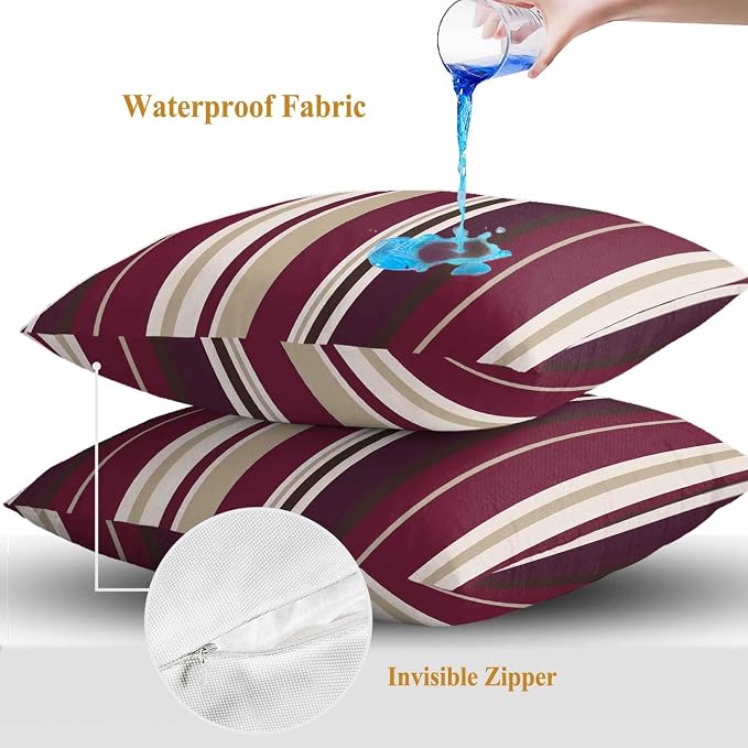 Outdoor Waterproof Throw Pillow Covers Set of 2 Red Striped Pillowcases 16x16 Inches Geometric Beige Stripes Decorative Pillows Cushion Case Patio Pillows for Couch Bed Chair Garden