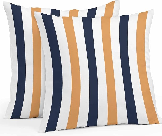 Burnt Orange Navy Blue Striped Waterproof Outdoor Pillow Covers Set of 2 Home Decor, Farmhouse Stripe Art Pillowcase Patio Pillow Covers for Couch Bench Furniture Garden 20x20in