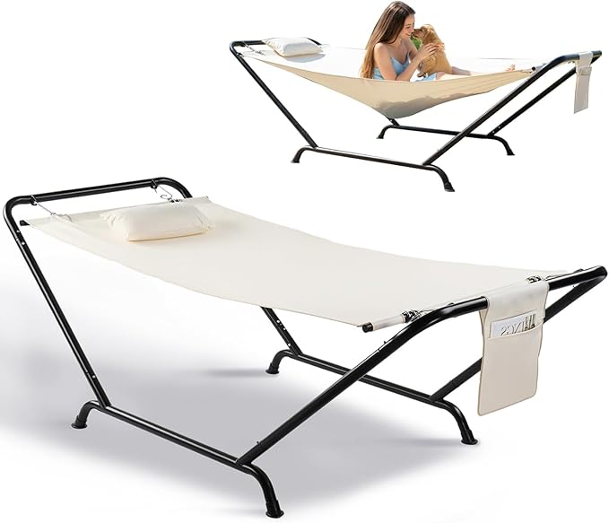 Hammock with Stand, Heavy Duty Hammock with Soft Pillow, Freestanding Outdoor Hammocks Bed for Outside Backyard, Camping, Garden, Yard, Patio, 330 lbs Weight Capacity (Beige)