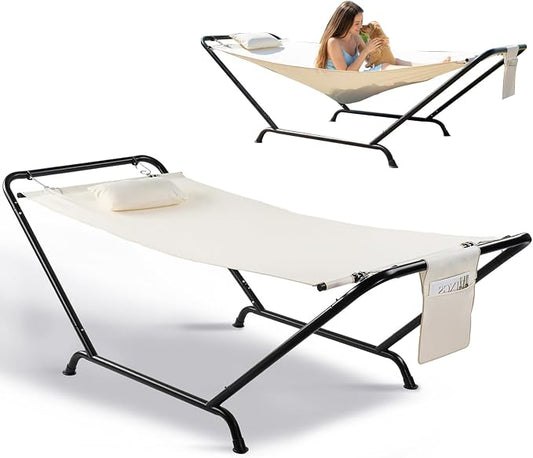 Hammock with Stand, Heavy Duty Hammock with Soft Pillow, Freestanding Outdoor Hammocks Bed for Outside Backyard, Camping, Garden, Yard, Patio, 330 lbs Weight Capacity (Beige)