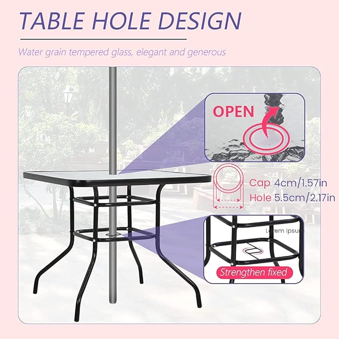 32in Patio Tables,Patio Bistro Tables,Outdoor Dining Tables,Square Tempered Glass Patio Table with Umbrella Hole for Lawn Balcony Yard
