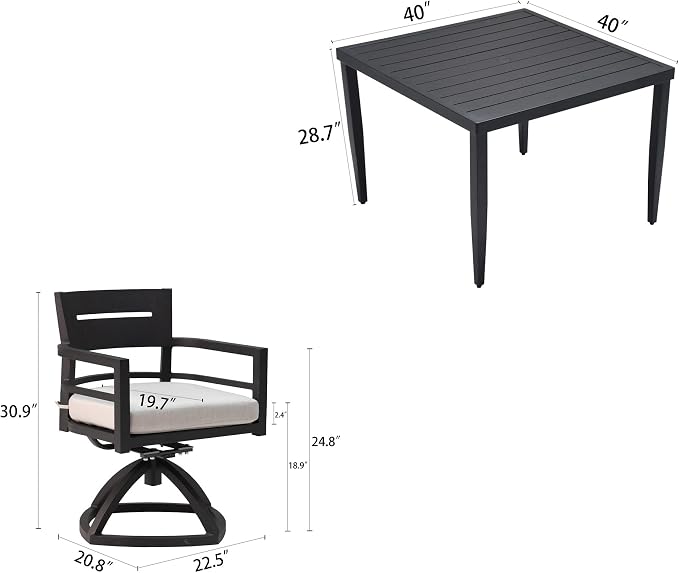 5-Piece Patio All Aluminum Furniture Set, All-Weather Resistant Outdoor Patio Set, 40" Square Dining Table with Umbrella Hole and 4 Swivel Rockers Fabric Upholstered,Ember Black