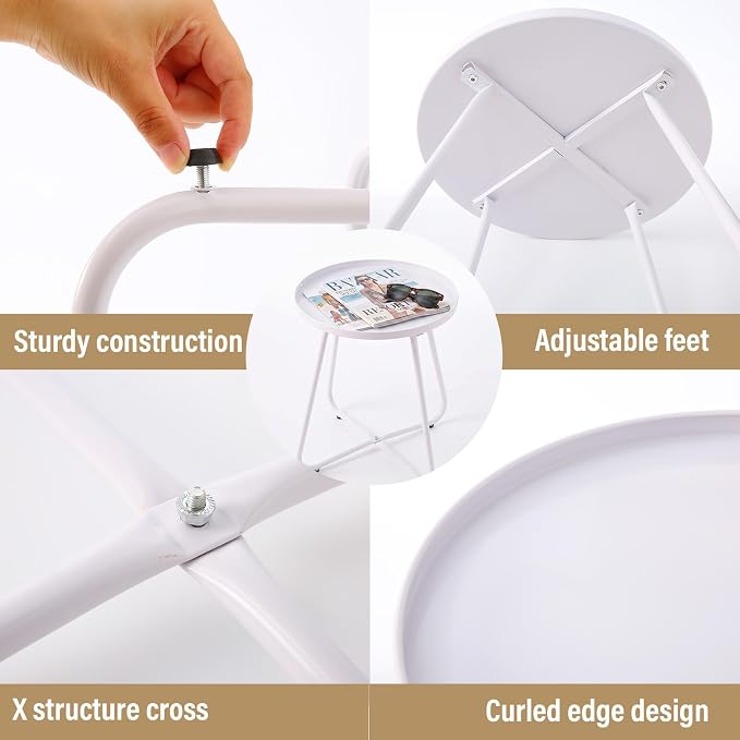LITA Outdoor Side Table Metal Steel Weather Resistant Round End Table for Patio Balcony Living Room, Small Lightweight Weatherproof Accent Table,White,Modern
