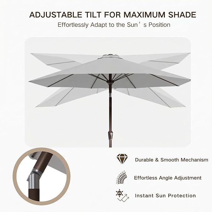 Kingdura 10FT Outdoor Patio Umbrella, Market Table Umbrella with Push Button Tilt and Crank, 8 Sturdy Fiberglass Ribs, UV Protection for Pool, Lawn, Deck, Backyard, Garden (Light grey)