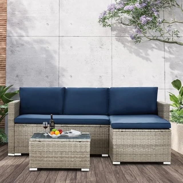3-Piece Outdoor Sofas Patio Set All-Weather Wicker Sectional Sofa with Tempered Glass Table Conversation Group for Backyard