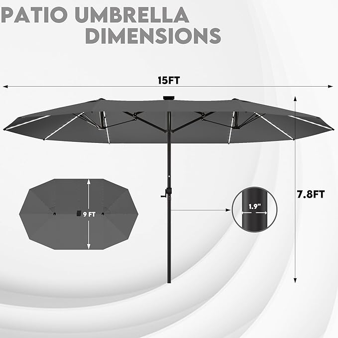 GDPFN 15ft Large Patio Umbrella with Solar Lights, Outdoor Double-Side Rectangular Umbrella, Backyard Pool Umbrella with LED Light for Deck, Outside, Market, Dark Gray (Base Not Include)