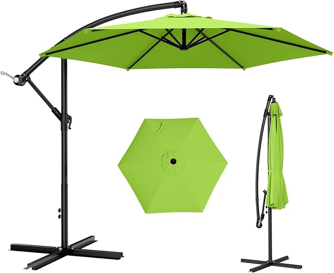 AreShark 10FT Patio Outdoor Umbrella, Offset Patio Umbrella Cantilever Umbrella, 6 Sturdy Ribs, Easy Adjustment for Garden Market Pool with Cross Base (Apple Green)