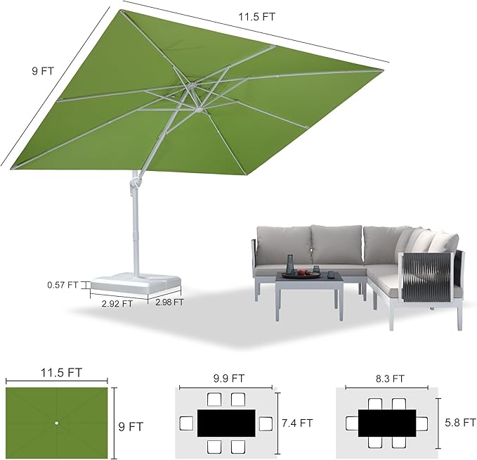 PURPLE LEAF 9' × 11.5' Patio Umbrella With Base White Cantilever Umbrella Square Outdoor Offset Umbrella Windproof with 360° Rotation for Garden Deck Pool, Macaw Green