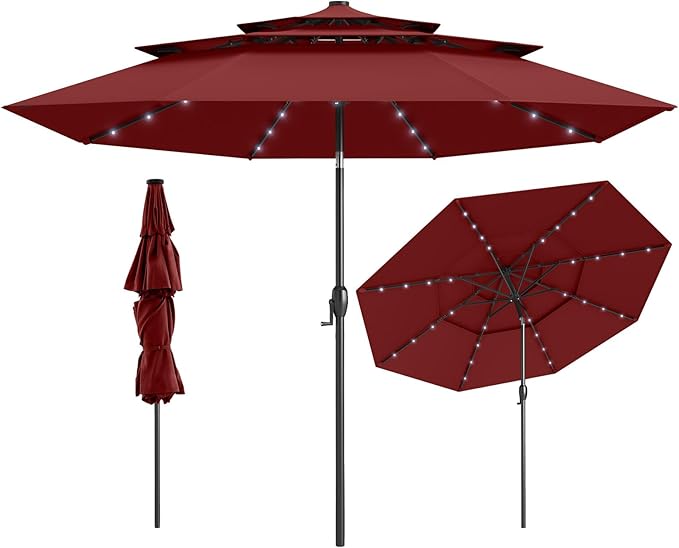 Tangkula 10 FT Solar LED Patio Umbrella, 3-Tier Vented Outdoor Market Table Umbrella with 32 LED Lights, Tilt Adjustment, Crank Handle, 8 Ribs for Backyard Pool Deck (Wine)