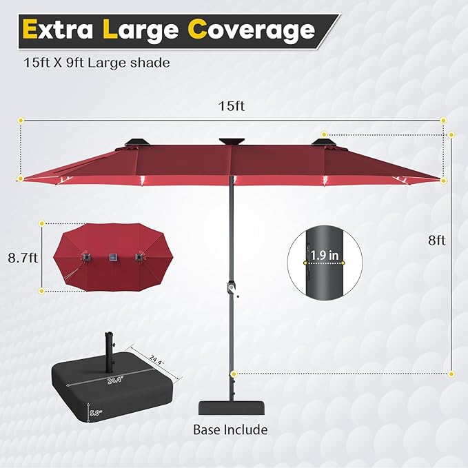 AECOJOY 15ft Double-Sided Patio Umbrella with Solar Lights, Outdoor Rectangle Market Large Patio Umbrella with Base Include, Crank Handle, 156 PCS LED Lights for Garden Deck Pool in Red (1.9" Pole)
