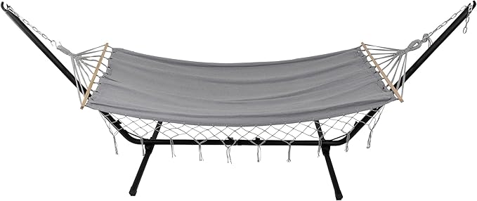 Hammock with Netted Fringe and Wooden Bars - 100" x 41" - Gray