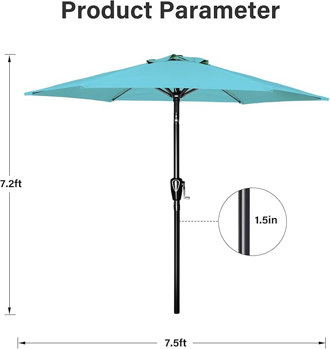 Simple Deluxe 7.5' Patio Umbrella Outdoor Table Market Yard Umbrella with 6 Sturdy Ribs for Backyard, Pool, Garden, Deck, Turquoise