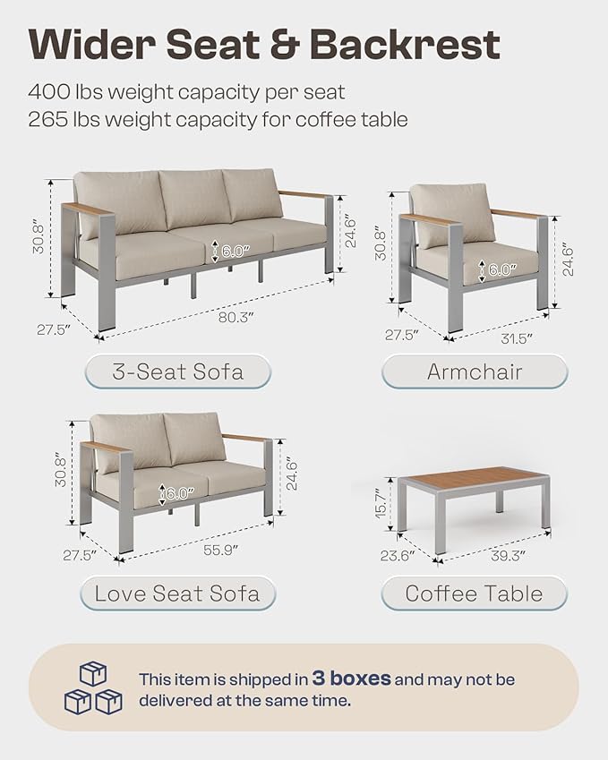 Aluminum Outdoor Patio Furniture Set with Coffee Table, 4 Piece Patio Conversation Sets with Washable Thick Cushions, Outdoor Sectional Furniture Set for Porch, Balcony, Deck, Yard, Silver