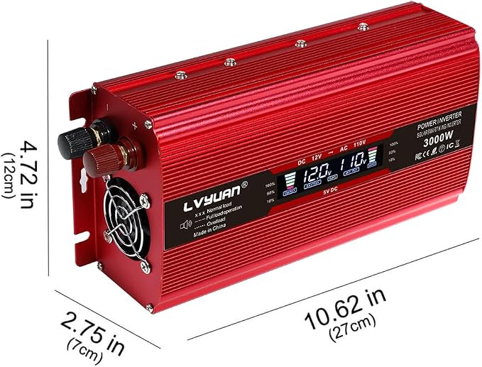 Yinleader Power Inverter 2000W DC 12V to 110V AC Car Converter with Intelligent LCD Display Dual AC Outlets Dual USB Charging Port for for RV Truck Laptop(Red)
