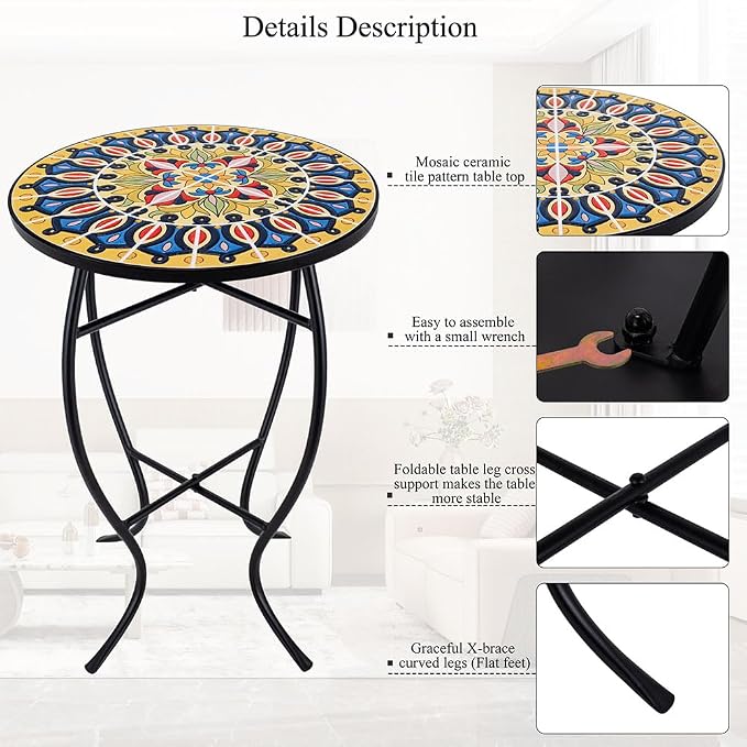 14 Inch Mosaic Patio Side Table with X-Curved Legs, Indoor Outdoor Accent Round End Table with Ceramic Tile Tops for Yard, Garden, Living Room, Bistro, C - Grand Mandala