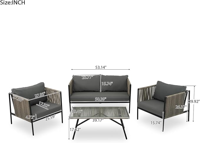 4-Piece Outdoor Furniture Set, Rope Sofa Set with Thick Cushions and Toughened Glass Table Patio Conversation Sets for 4 Person with Loveseat, Gray