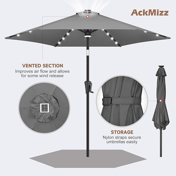 10FT Solar Patio Umbrella - Outdoor Umbrella with Centre Surround Light 24 LED Lights, Market Table Umbrella with Tilt for Pool, Porch, Garden, Deck, Backyard UV Protection (Anthracite)