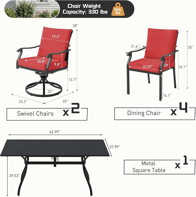 7 Piece Outdoor Patio Dining Set, 62’’ Rectangular Metal Dining Table with Umbrella Hole & 4pcs Outdoor Metal Dining Chairs & 2pcs Patio Swivel Rocking Chairs , Outdoor Furniture Dining Set for Patio
