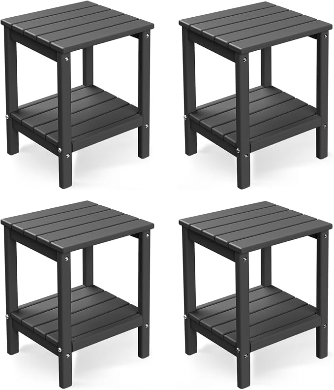 BRIOPAWS Outdoor-Side-Tables | Set of 4 | Small | HDPE Plastic | Patio End-Table | 2-Shelf Adirondack Outside Tables | All Weather | for Poolside Front Porch Indoor Living Room | 14" x 13" | Grey