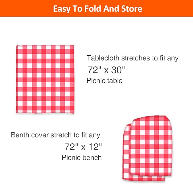 KENOBEE 6ft Picnic Table and Bench Cover, Camping Essentials RV Gear, 72in Waterproof Windproof Outdoor Elastic All Around Tablecloth, Fitted Rectangle Tables and Seats, Red-White Checkered