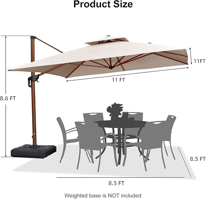 PURPLE LEAF 11' X 11' Patio Umbrella Cantilever Outdoor Umbrellas Square Large Parasol Windproof Sunshade Heavy Duty Sun Umbrellas for Deck Pool Patio Garden, Beige