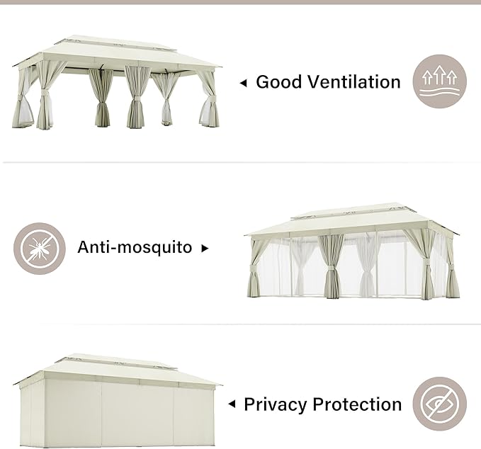 LAUSAINT HOME Patio Gazebo 10'x20', Outdoor Heavy Duty Party Tent Shelter with Double Roofs, Mosquito Nettings and Privacy Screens for Backyard, Garden, Lawn, Cream White