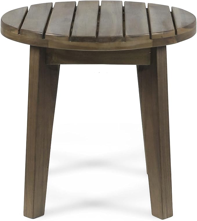 16” Small Outdoor Side Tables with Slatted Top, Round Outdoor Table, Wood Side Table, Small Patio Side Table for Patio, Balcony, Garden & Backyard, Teak Finish (Grey)