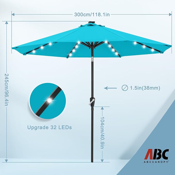 ABCCANOPY Durable Solar Led Patio Umbrellas with 32LED Lights 10FT (Turquoise)