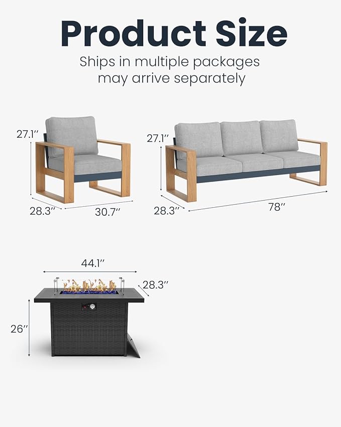 Oversized Aluminum Outdoor Patio Furniture Set, 4-Piece Modern Sectional Conversation Sets with Fire Pit Table, Wide Seat and Thick Cushions