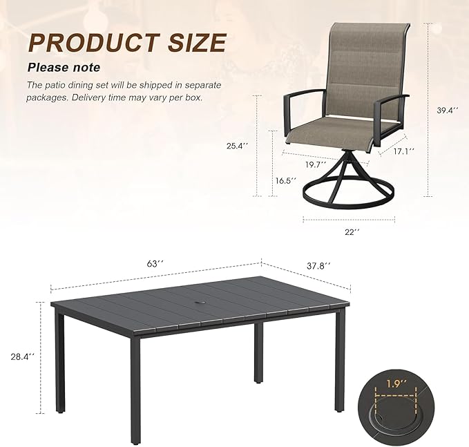 VICLLAX 7 Pieces Outdoor Dining Set, Patio Furniture Set Includes 63" Rectangular Metal Table W/ 1.9" Umbrella Hole and 6 Padded Textilene Swivel Chairs for Porch, Lawn, Garden, Backyard