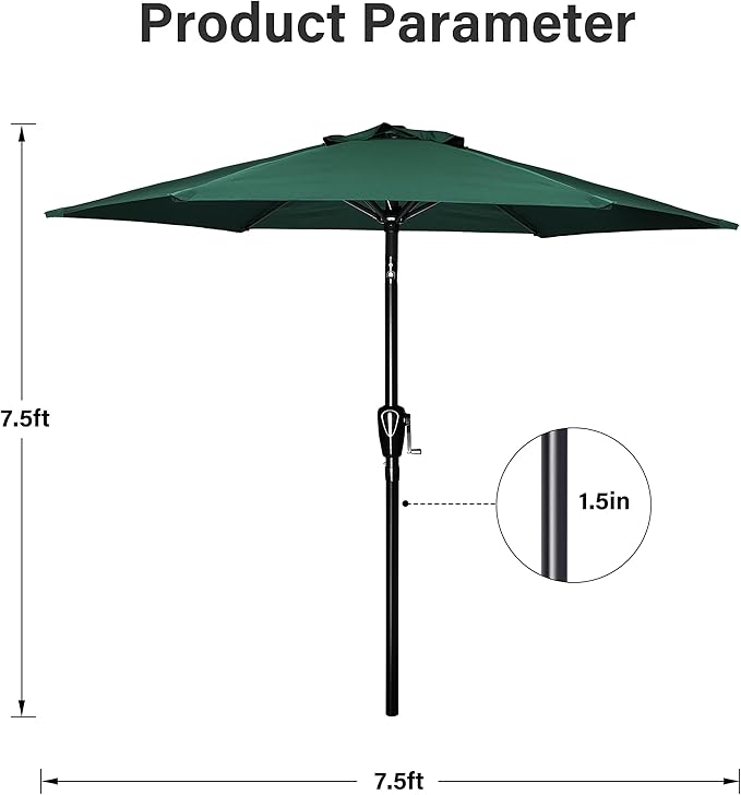 Simple Deluxe 7.5' Patio Umbrella with 20 Inch 50lbs Capacity Fillable Round Base, 6 Sturdy Ribs with Push Button Tilt/Crank for Garden, Deck, Backyard, Pool, Green and Black