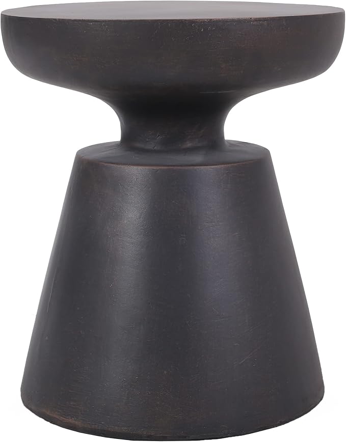 Outdoor Side Table Round Hourglass Side Table Patio Faux Stone End Table, Concrete Tables, Garden Stool Plant Stand for Porch, Backyard, Black & Copper