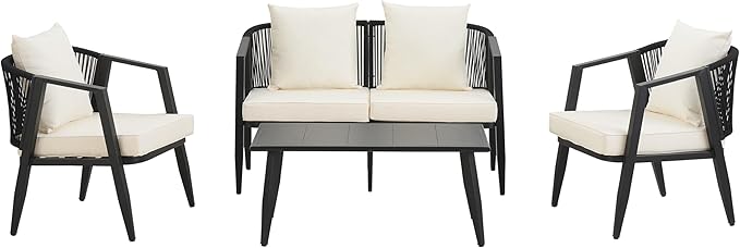Montary 4-Piece Outdoor Patio Furniture Set, U-Shaped Iron-Frame Conversation Set with Weather-Resistant Cushions & Metal Coffee Table - Durable for Garden, Backyard, Balcony, Poolside (Black)