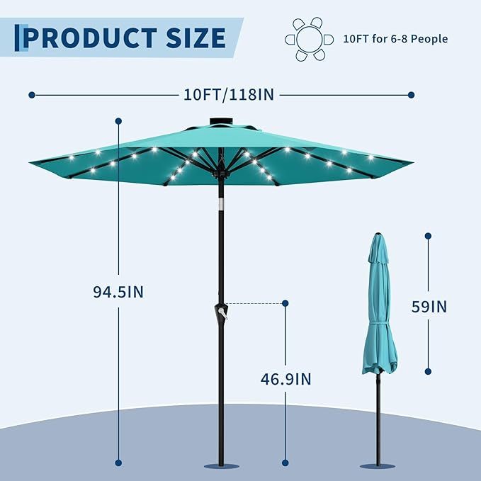 Garvee 10FT Solar Patio Umbrella with 32 LED Lights - Outdoor Table Umbrella with Crank Lift, Push Button Tilt and 8 Sturdy Ribs - Market Umbrella UV Protection for Pool, Deck, Yard, Garden -Sky Blue