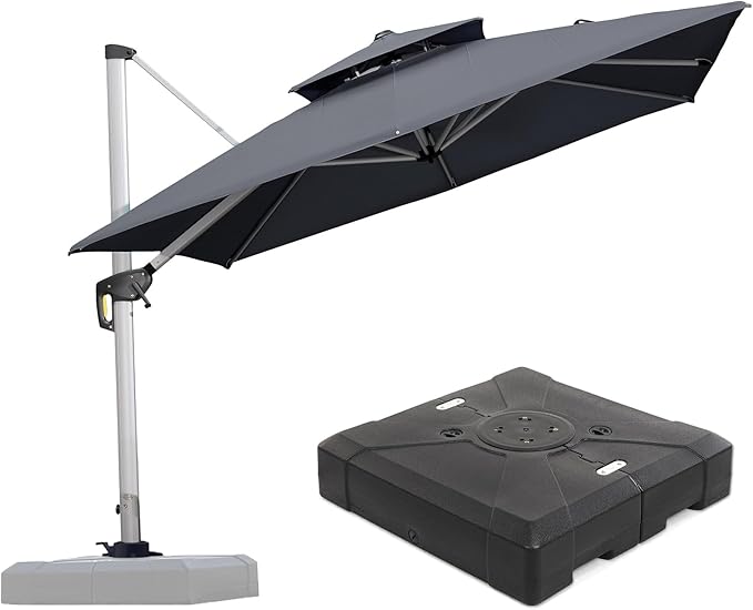 PURPLE LEAF 9 FT Cantilever Patio Umbrellas with Base Included, Large Square Offset Umbrella with 360° Rotation, Outdoor Aluminum Pool Umbrella for Pool Lawn Garden, Grey