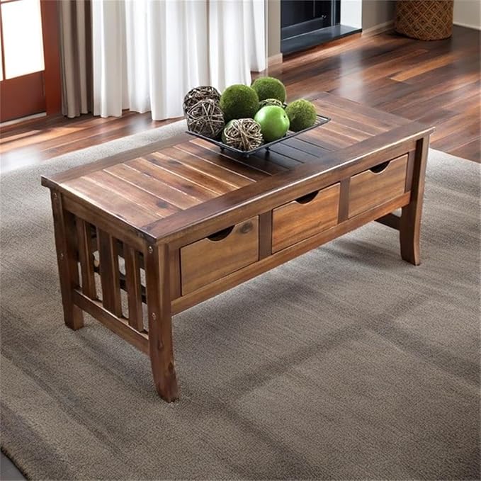 Pemberly Row 38" x 17" Modern Acacia Wood Patio Coffee Table with 3 Drawers, for Indoor/Outdoor Use, in Brown Finish