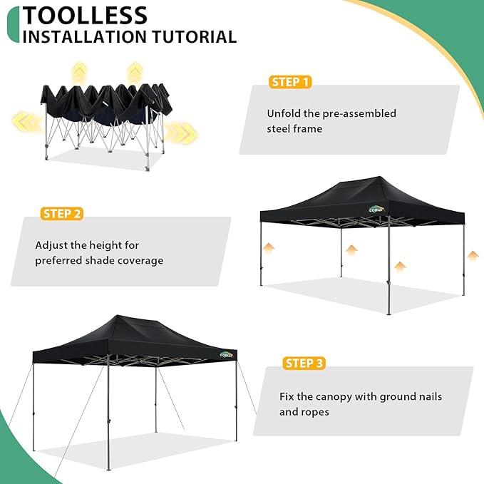 COBIZI 10x15 Pop up Canopy Tent Heavy Duty, Easy Set-up Commercial Outdoor Party Tent, 100% Waterproof Wedding Tents Gazebo, 3 Height Adjustable with Handbag, Black