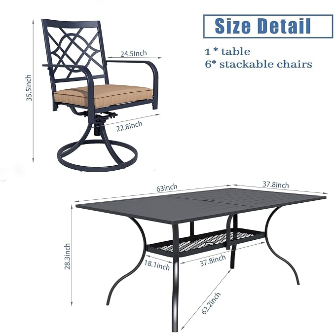 Crownland 7 PCS Furniture Patio Dining Set, 6 Swivel Metal Chairs and Rectangular Outdoor Dining Table with Khaki 9FT Round Outdoor Umbrella (Metal Tabletop)