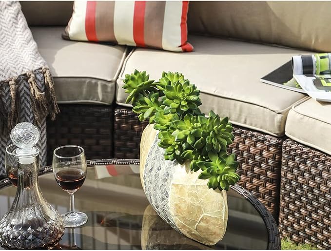 SUNSITT Round Outdoor Coffee Table with Tempered Glass Top, 28in Rattan PE Resin Wicker Patio Side Table, Brown