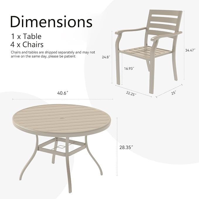 LUMISOL 5-Piece Outdoor Patio Dining Set, 4 Stackable Metal Dining Chairs and 40.6" Round Metal Dining Table, Outdoor Table and Chairs for Lawn Garden Backyard, Sandstone
