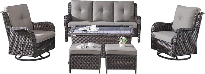 Rilyson Wicker Patio Furniture Set - 6 Piece Rattan Outdoor Sectional Conversation Sets with 2 Swivel Rocking Chairs,2 Ottomans,1 Sofa and 1 Coffee Table for Porch Deck Garden(Brown/Grey)