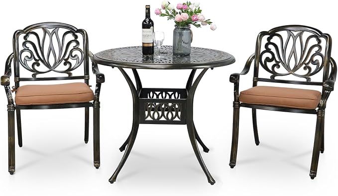 VIVIJASON 3-Piece Outdoor Cast Aluminum Patio Bistro Set, Patio Furniture Dining Set Include 2 Cushioned Chairs and 35.4" Round Table w/Umbrella Hole for Balcony, Garden, Tan Cushion