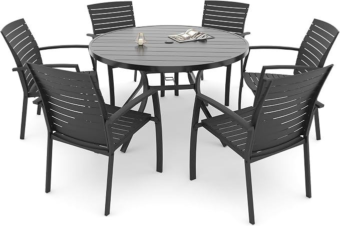 Outdoor Patio 48" Round Table and Aluminum Chairs Dining Set 7 for 6 Person | Aluminum Frame Chairs, Resin Chair Seat, Resin Chair Back, 6 Piece Stackable Chairs, 1 Piece Black Metal Table, 6 Person Set